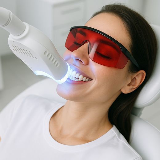 Paciente sonriendo durante un blanqueamiento dental