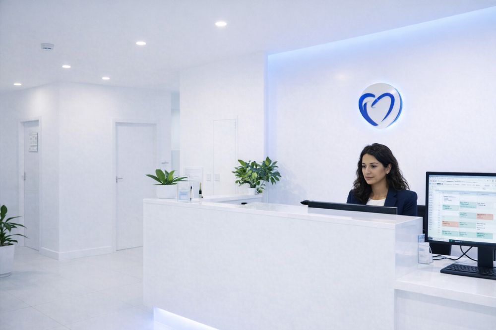 Recepción blanca y luminosa de la clínica